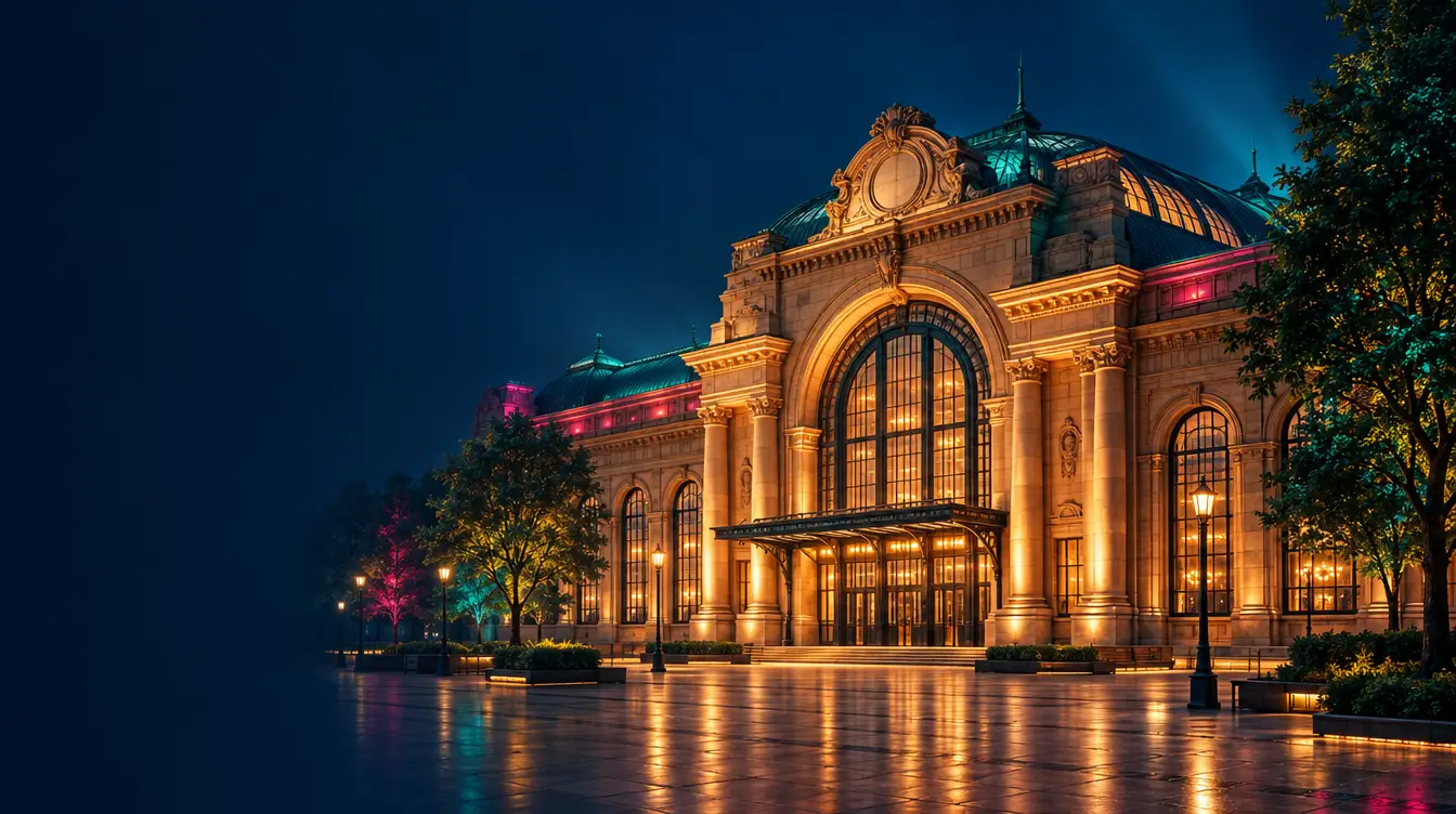 Grand heritage sandstone building with columns and arched windows floodlit at night