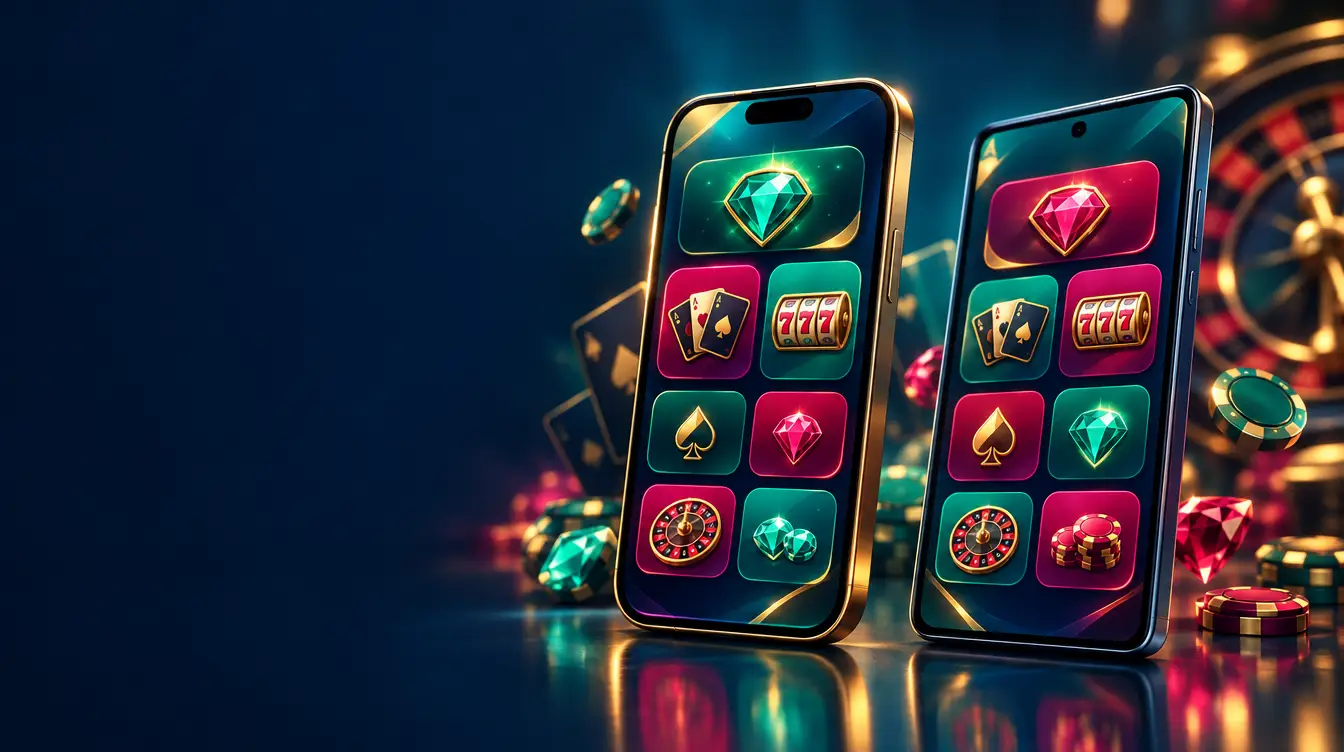 Two smartphones showing casino app tiles with gems, cards and roulette icons, chips nearby