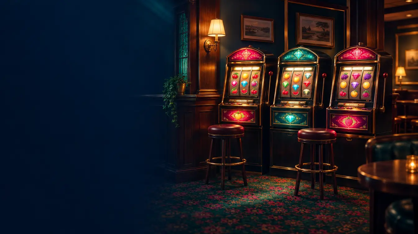 Cosy pub corner with timber panelling, bar stools and three glowing classic pokie machines