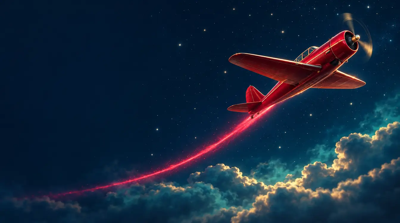 Red propeller plane flying upward with a glowing red trail over clouds at night