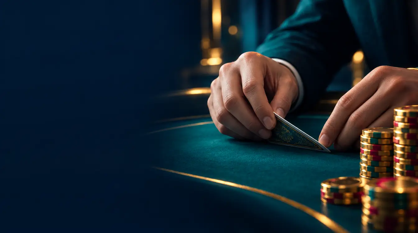 Hands squeezing a face-down card on a teal baccarat table beside stacks of gold chips