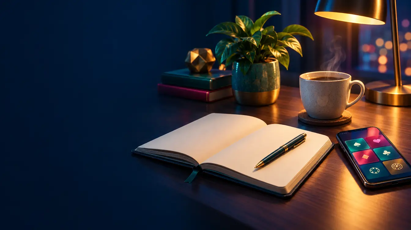 Desk with an open notebook and pen, a coffee cup, a plant and a phone showing casino icons