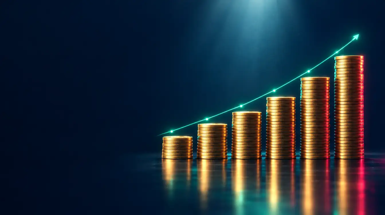 Gold coin stacks rising in height like a bar chart under a teal upward trend line