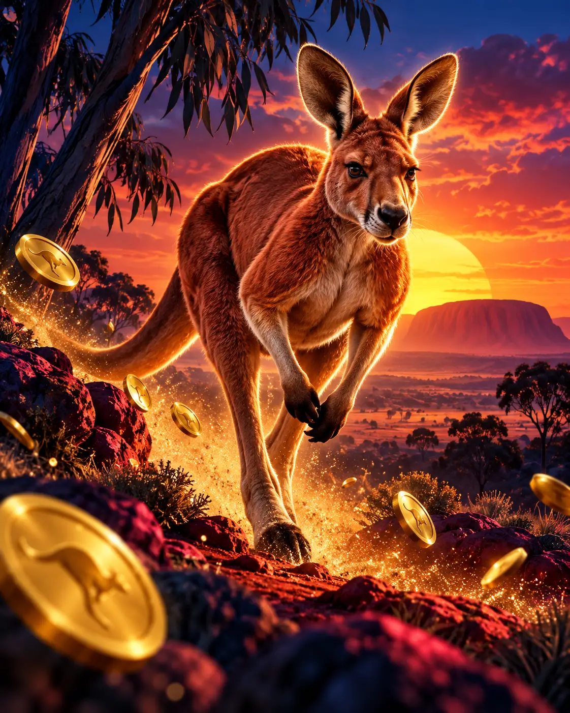 Red kangaroo leaping across the Australian outback beside classic pokie reels