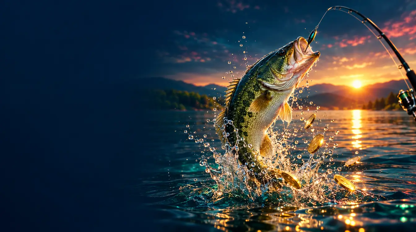 Bass fish leaping from a lake at sunset on a fishing line, with gold coins in the splash
