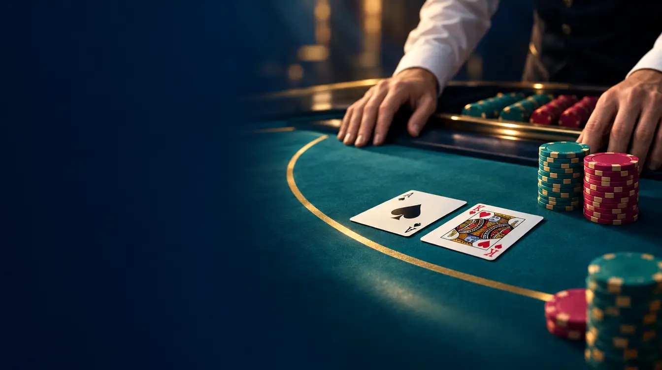 Blackjack table with an ace and a king face up, stacks of chips and a dealer's hands