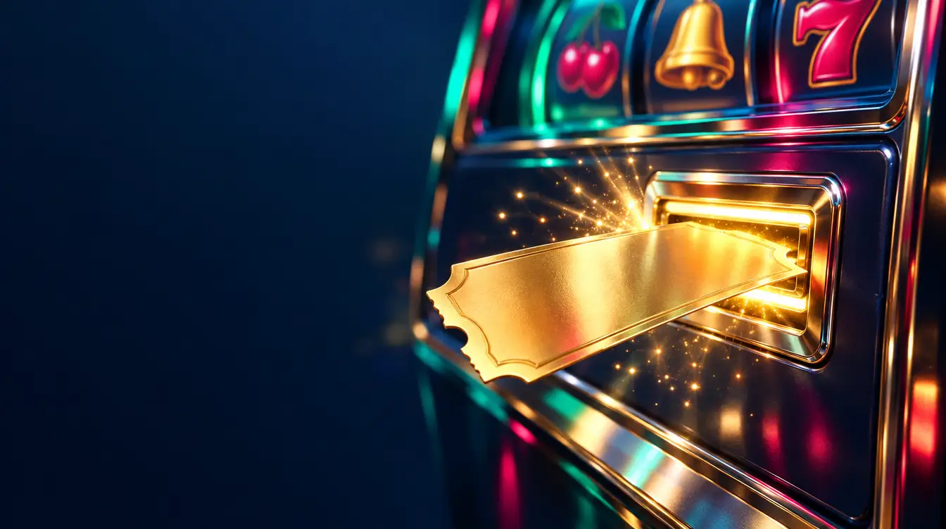 Golden ticket sliding into the glowing ticket slot of a pokie machine with sparks