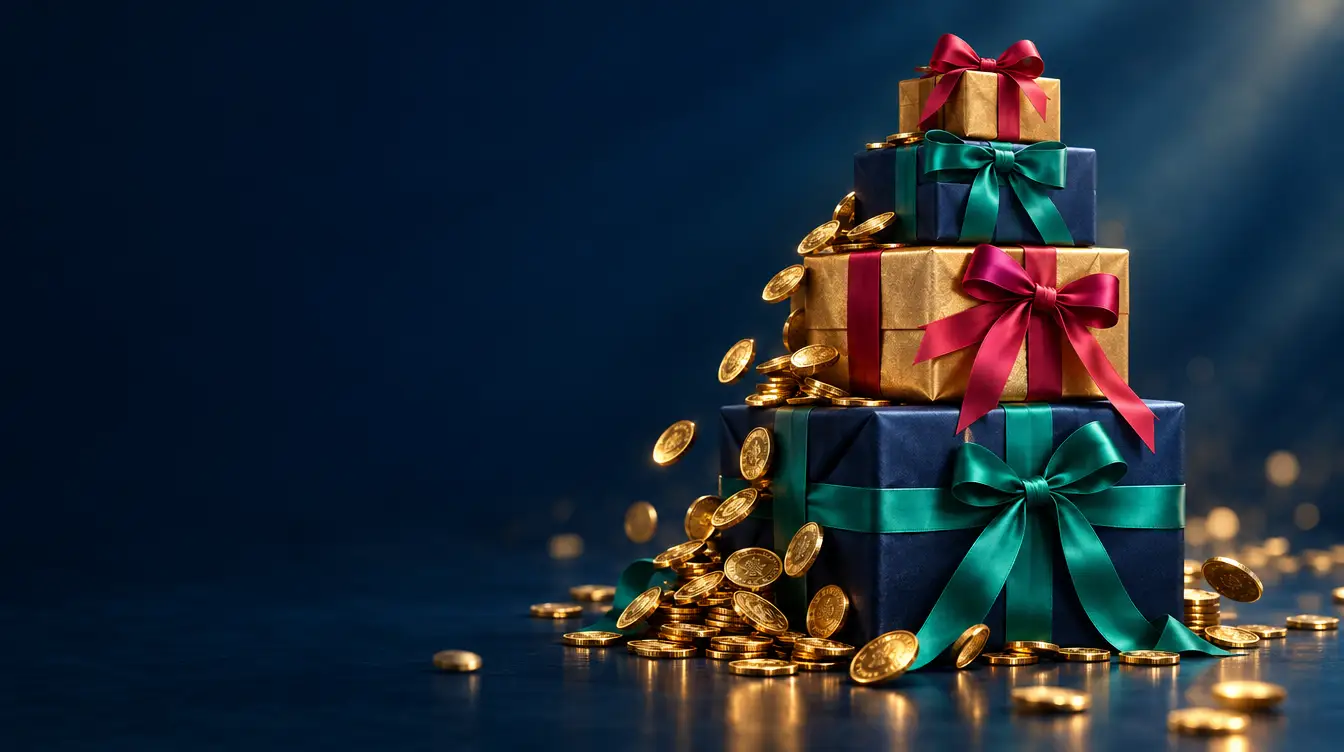 Four stacked gift boxes with teal and raspberry ribbons and gold coins spilling around them