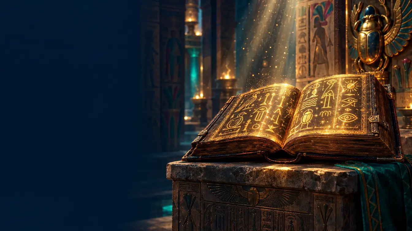 Open ancient book glowing with gold hieroglyph-style symbols on a stone pedestal in a tomb
