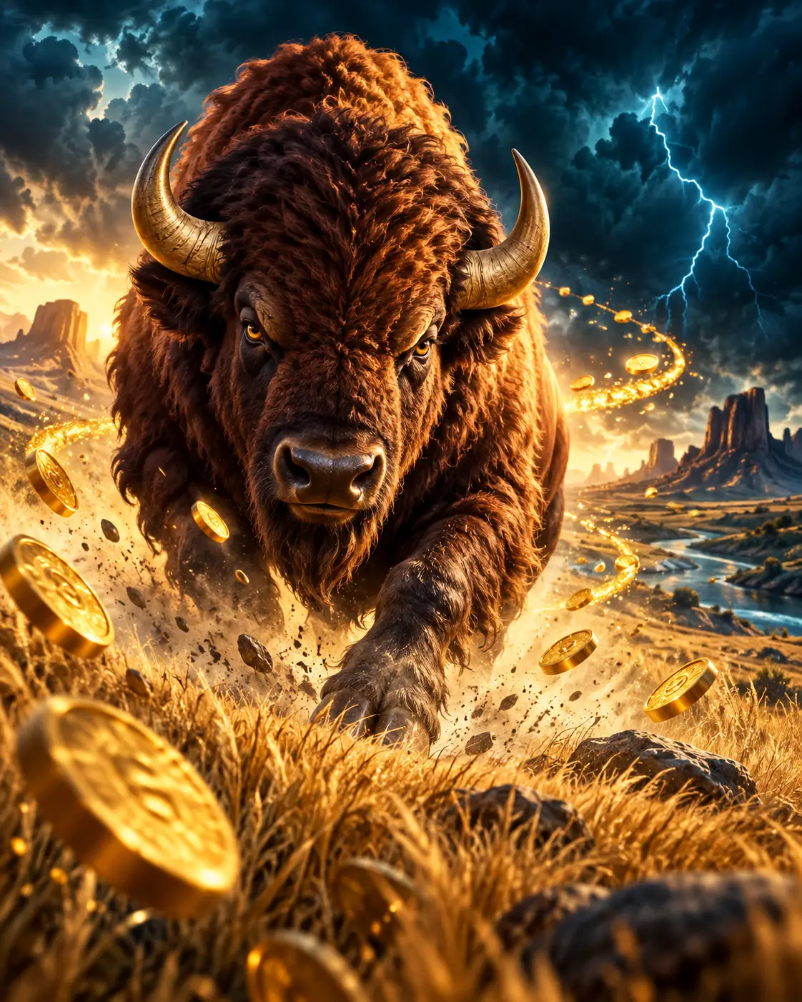 Buffalo facing glowing gold pokie reels beneath a dramatic sunset