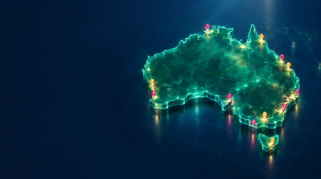 Glowing teal glass map of Australia with raspberry and gold location pins on a navy grid