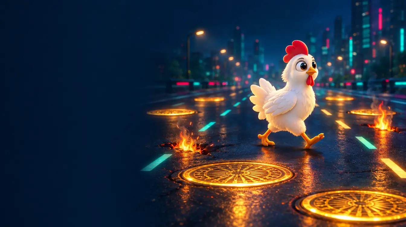 Cartoon chicken crossing a night road past glowing gold manhole covers and small flames