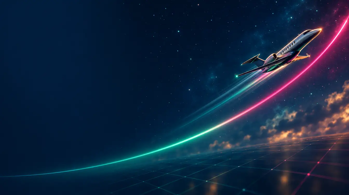 Small jet climbing along a glowing teal and raspberry curve across a starry night sky