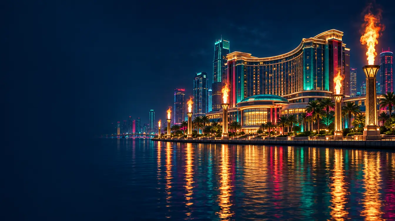 Riverside casino complex at night with flame towers along the promenade reflected in water