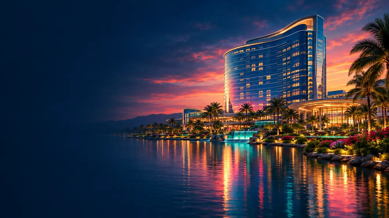Curved glass resort hotel beside a calm river at dusk with palm trees and gardens