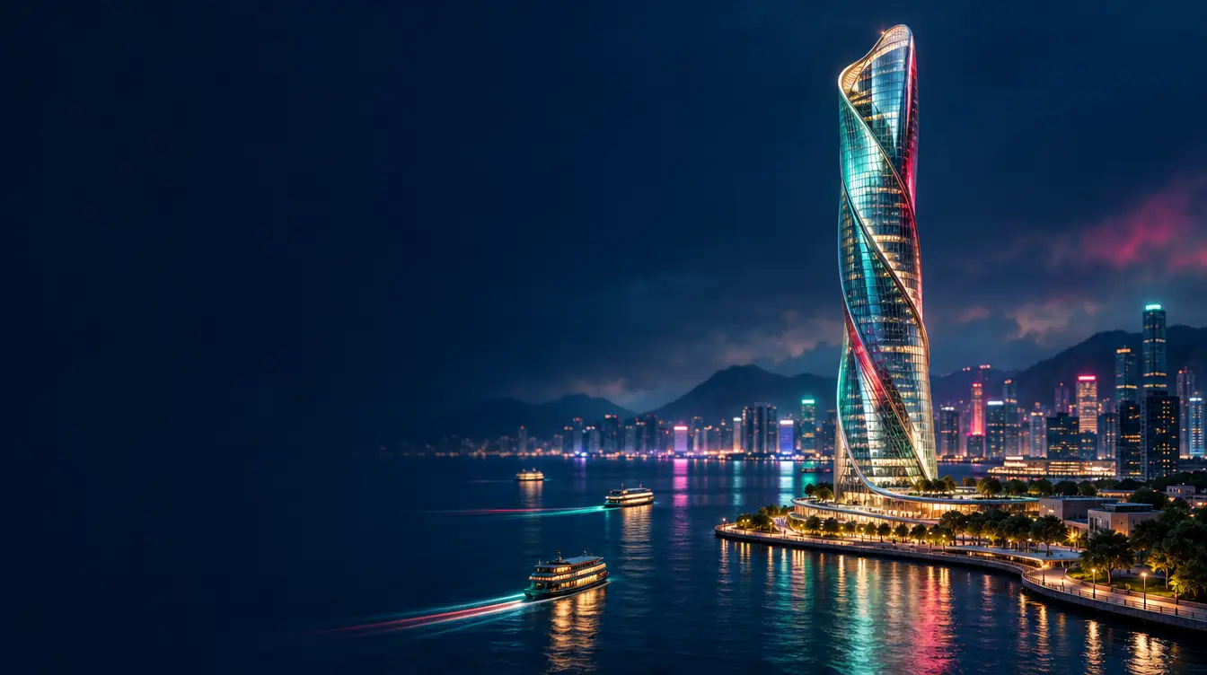 Tall twisting glass tower on a harbour at night with ferries and city lights behind