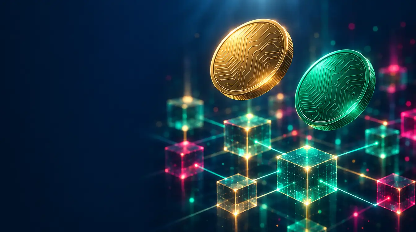Gold and green crypto coins with circuit patterns floating over a glowing blockchain of cubes