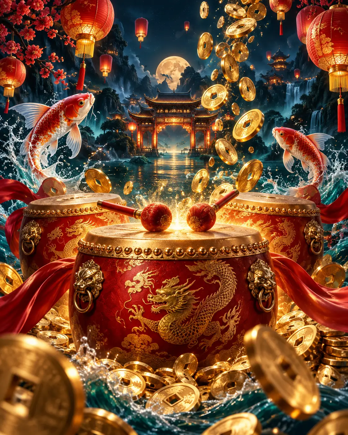 Red and gold drums, lanterns and coin symbols arranged around pokie reels