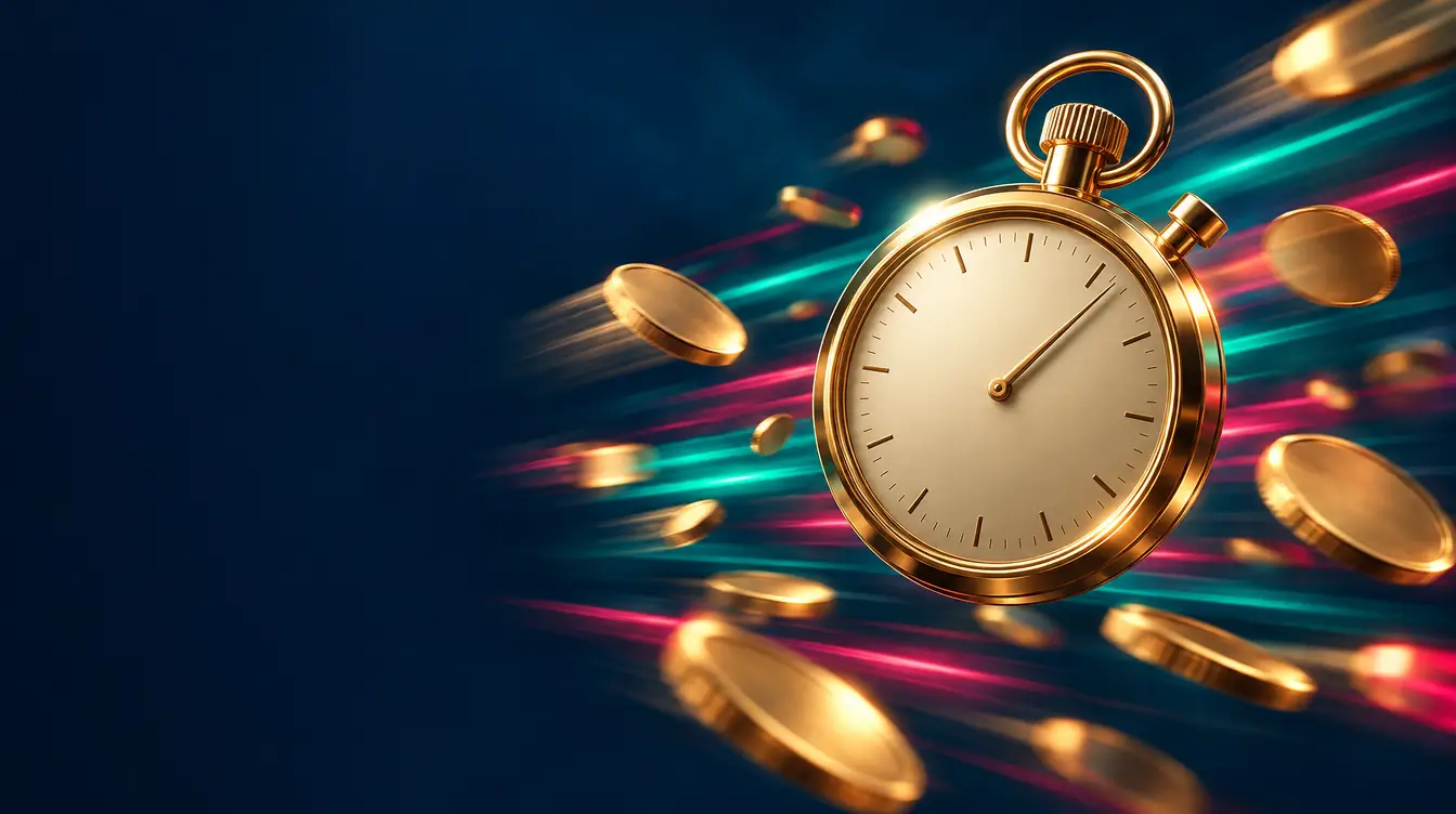 Gold stopwatch with gold coins flying past it in teal and raspberry speed streaks