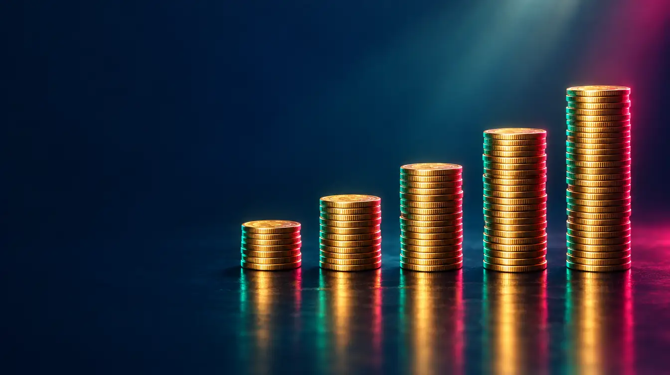 Five stacks of gold coins rising in height from left to right on a glossy dark surface