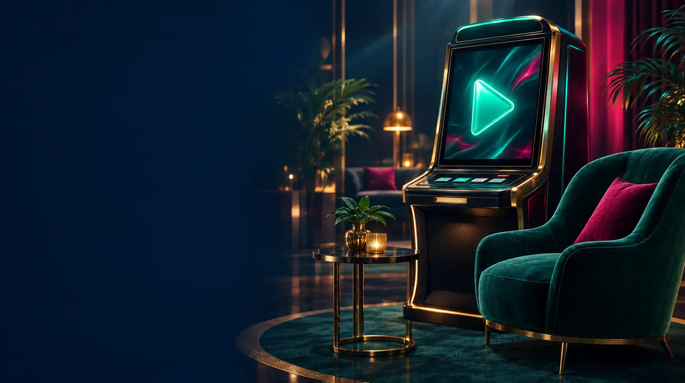 Pokie machine showing a teal play button next to a green velvet armchair in a quiet lounge