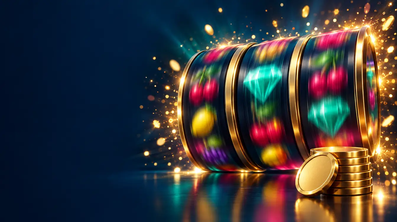 Three pokie reels spinning in a blur with golden sparkles and a small stack of gold tokens