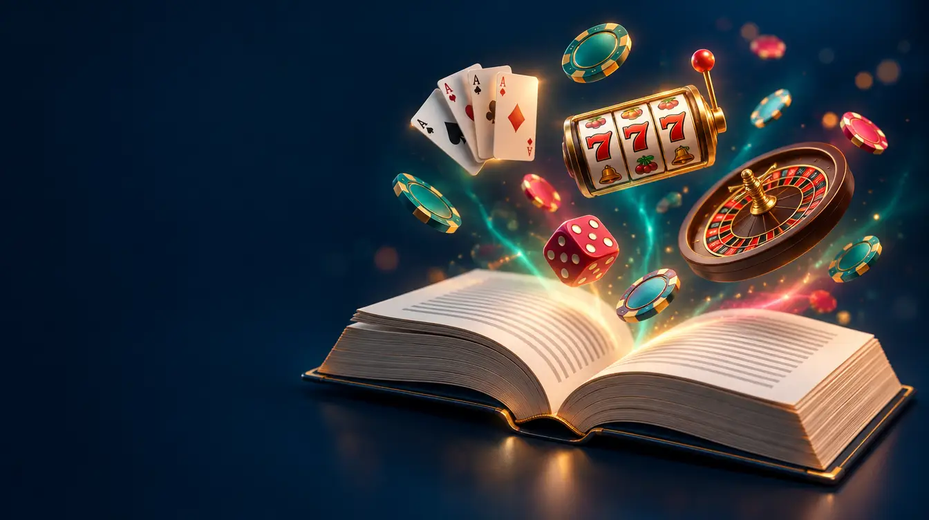 Open book with casino icons rising from its pages: cards, chips, dice, a slot and a roulette wheel