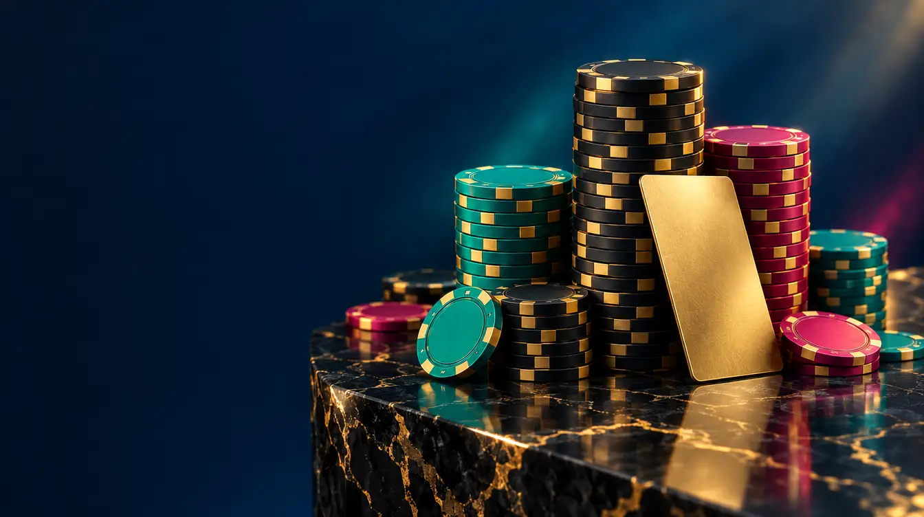 Tall stacks of black, teal and raspberry casino chips with a gold card on black marble