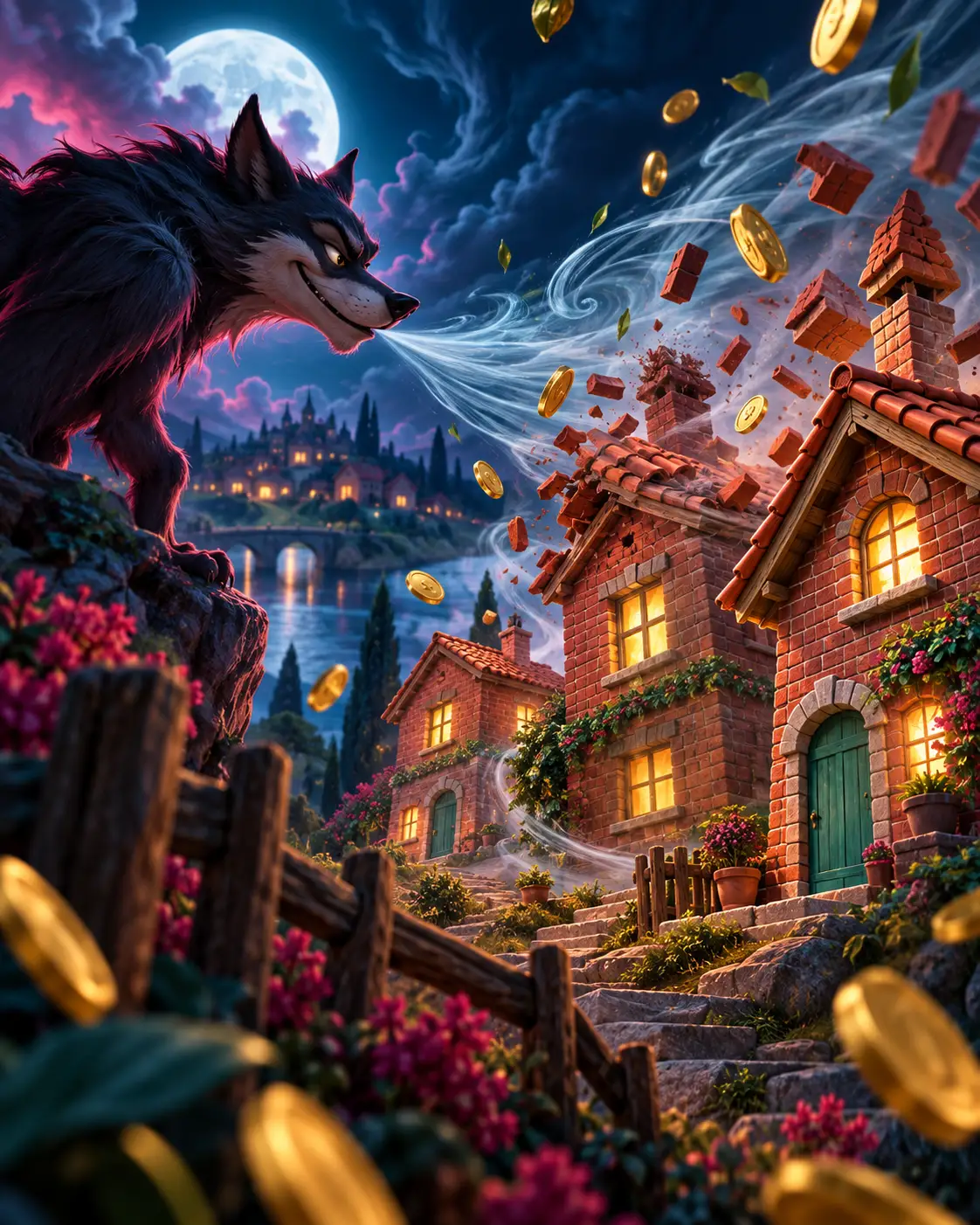 Three storybook houses and a smiling wolf beside colourful pokie reels