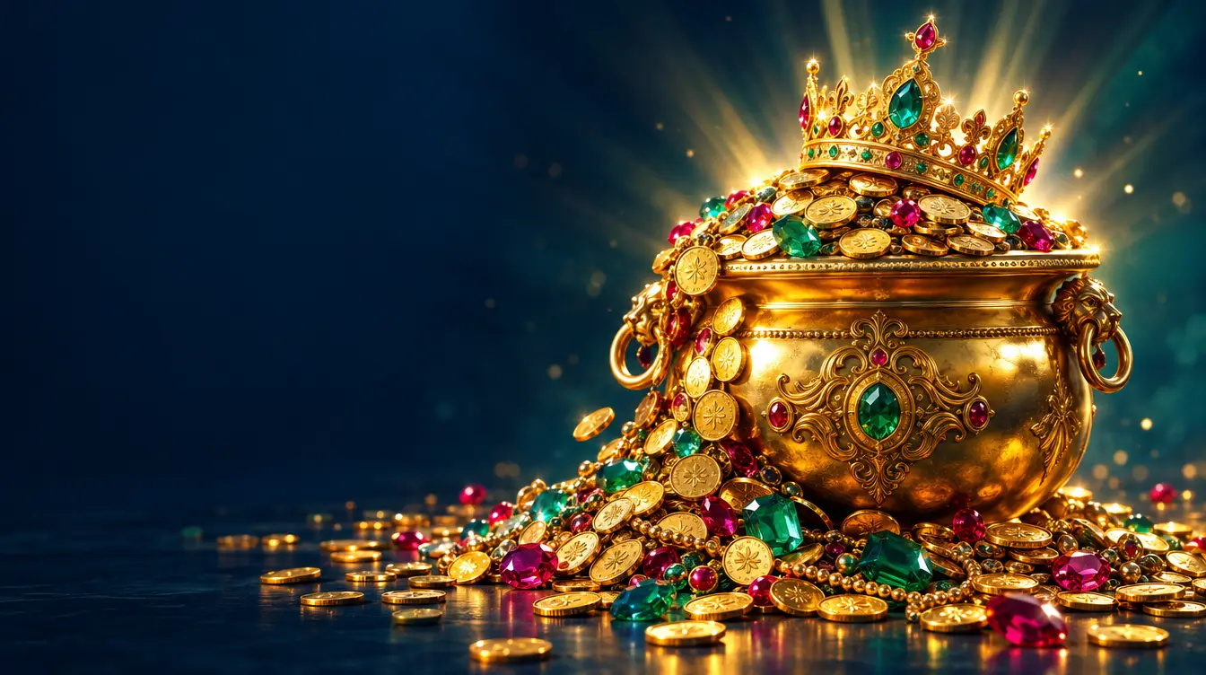 Golden pot overflowing with coins and gems, topped by a jewelled crown in bright rays