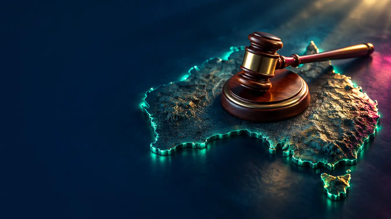 Wooden judge's gavel on its block resting on a relief map of Australia with a teal glow
