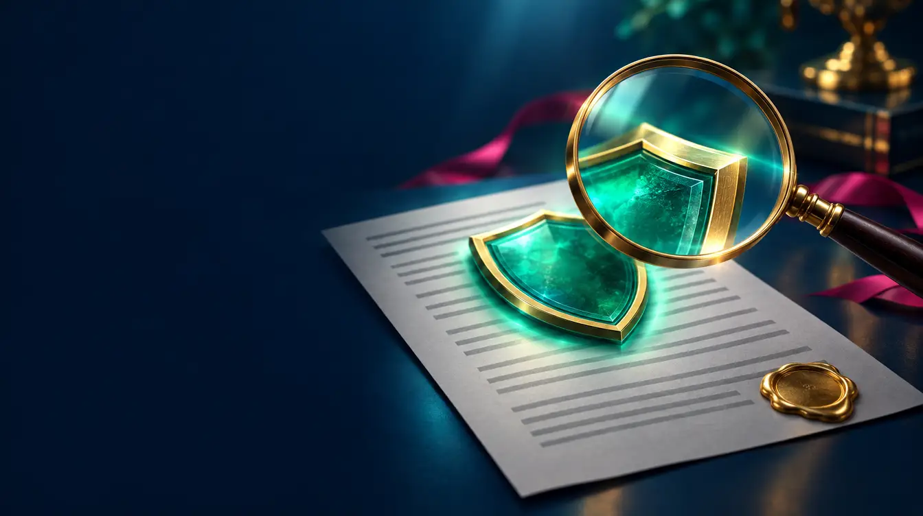 Magnifying glass over a teal shield resting on a lined document with a gold wax seal