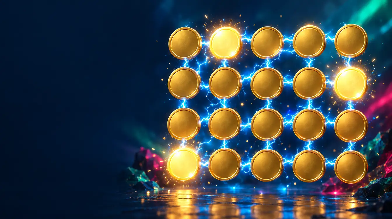 Grid of gold coins linked by electric blue lightning bolts, a few coins glowing brighter
