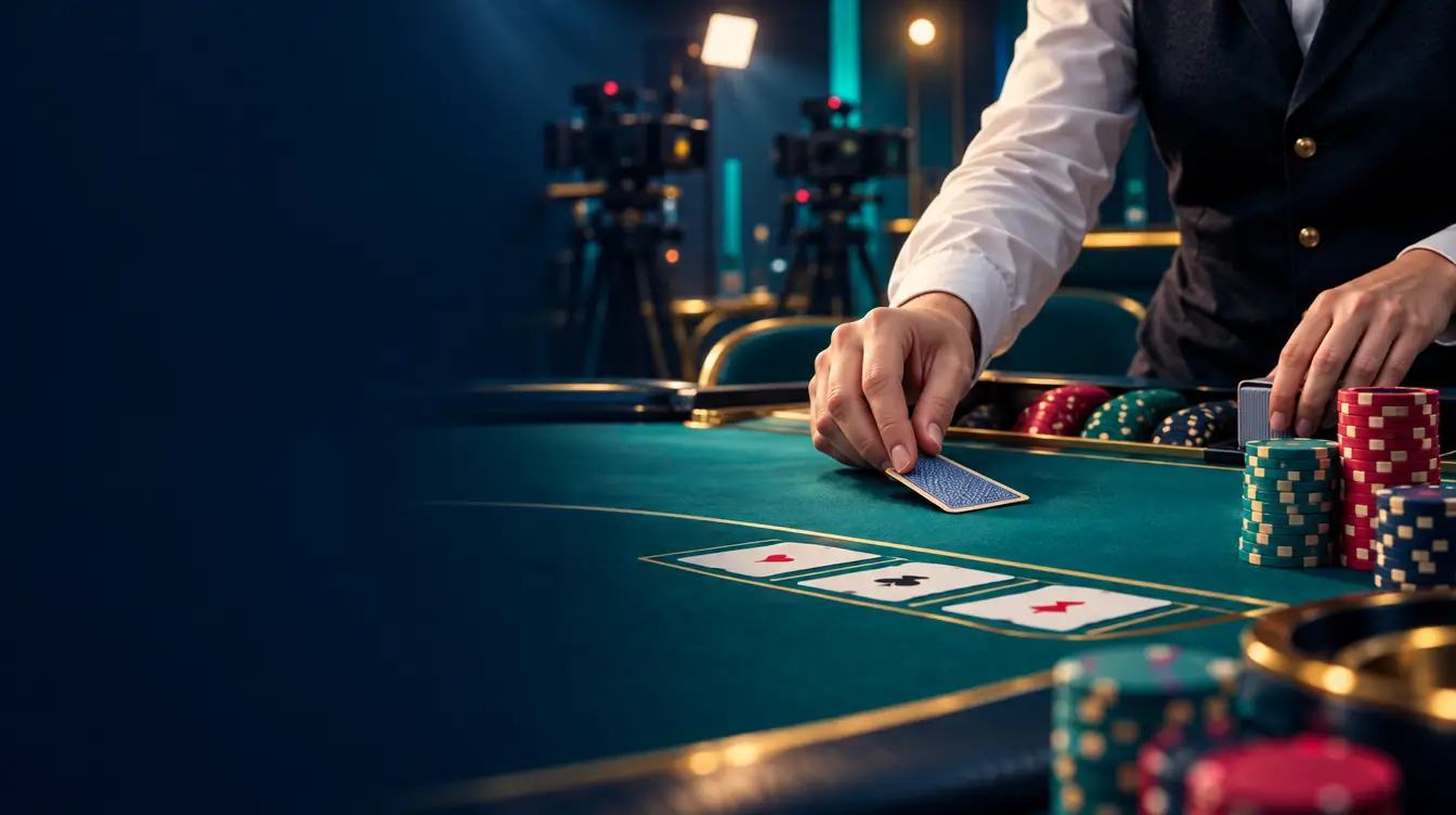 Dealer's hands placing a card on a teal live casino table with chips and studio cameras