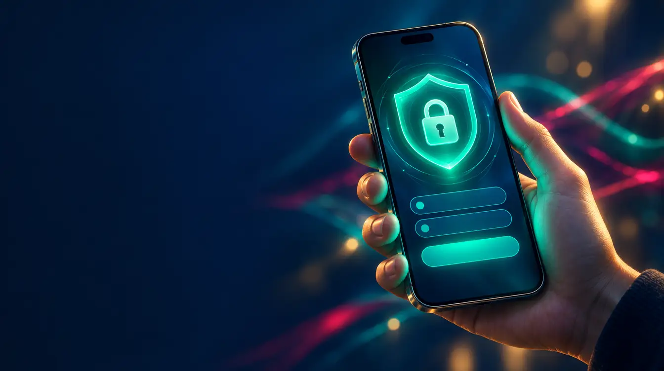 Hand holding a smartphone showing a glowing padlock inside a shield and blank login fields