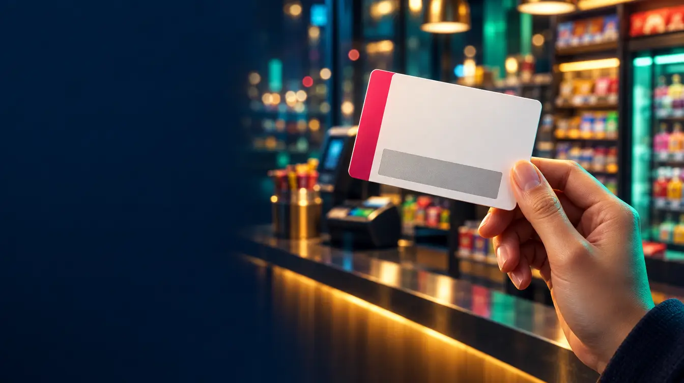 Hand holding a blank prepaid voucher card with a pink stripe over a shop counter at night