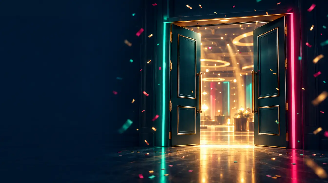 Double doors opening with neon trim and golden light spilling out as confetti falls