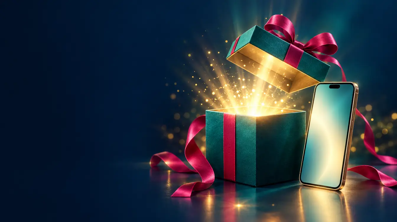Gift box opening with golden light rays and a raspberry ribbon beside a smartphone