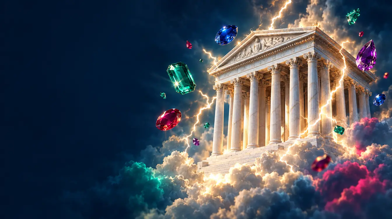 Marble Greek temple on clouds with lightning bolts and floating emeralds, rubies and sapphires