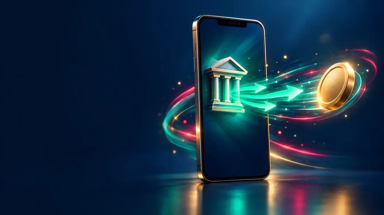 Smartphone with a bank icon and teal arrows sending a gold coin across in an instant transfer