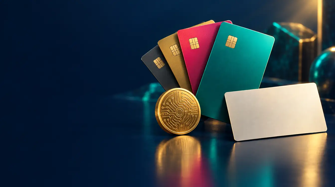 Fan of blank payment cards in teal, raspberry and gold with a voucher card and a gold crypto coin