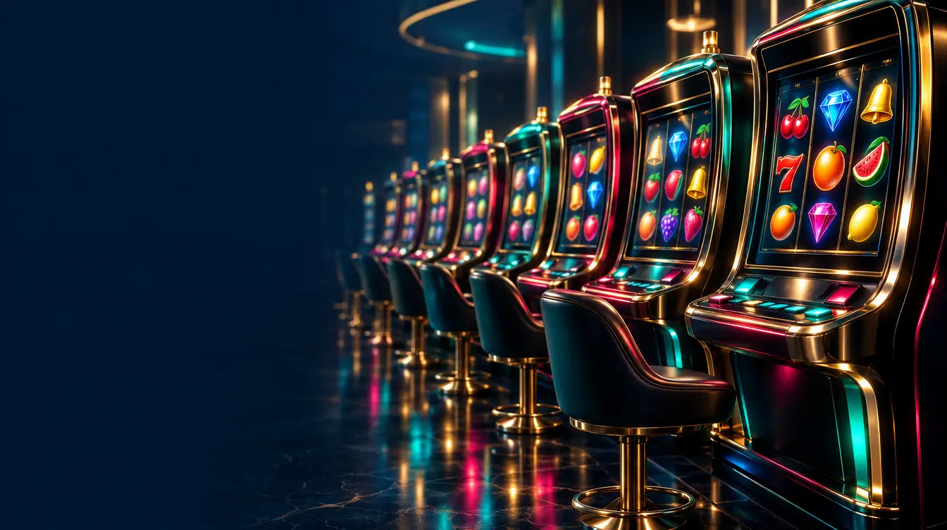 Row of modern pokie machines with glowing reels of fruit and gem symbols in a dark lounge
