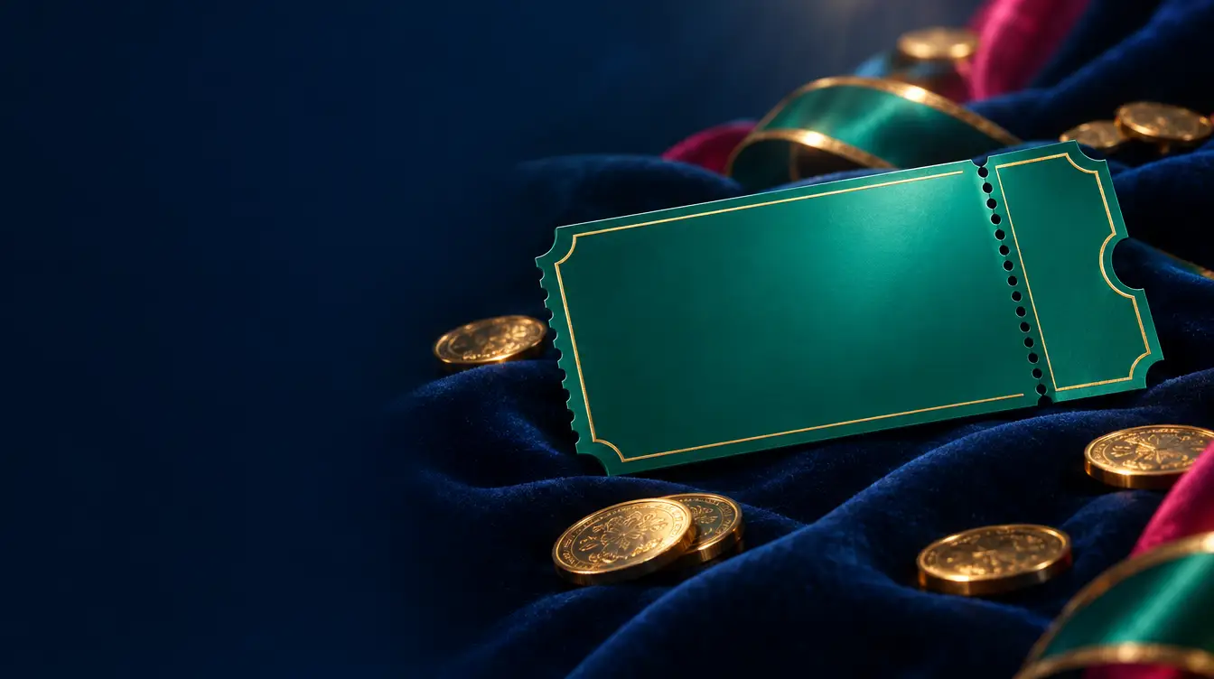 Blank teal coupon ticket with a perforated stub on navy velvet, surrounded by gold coins