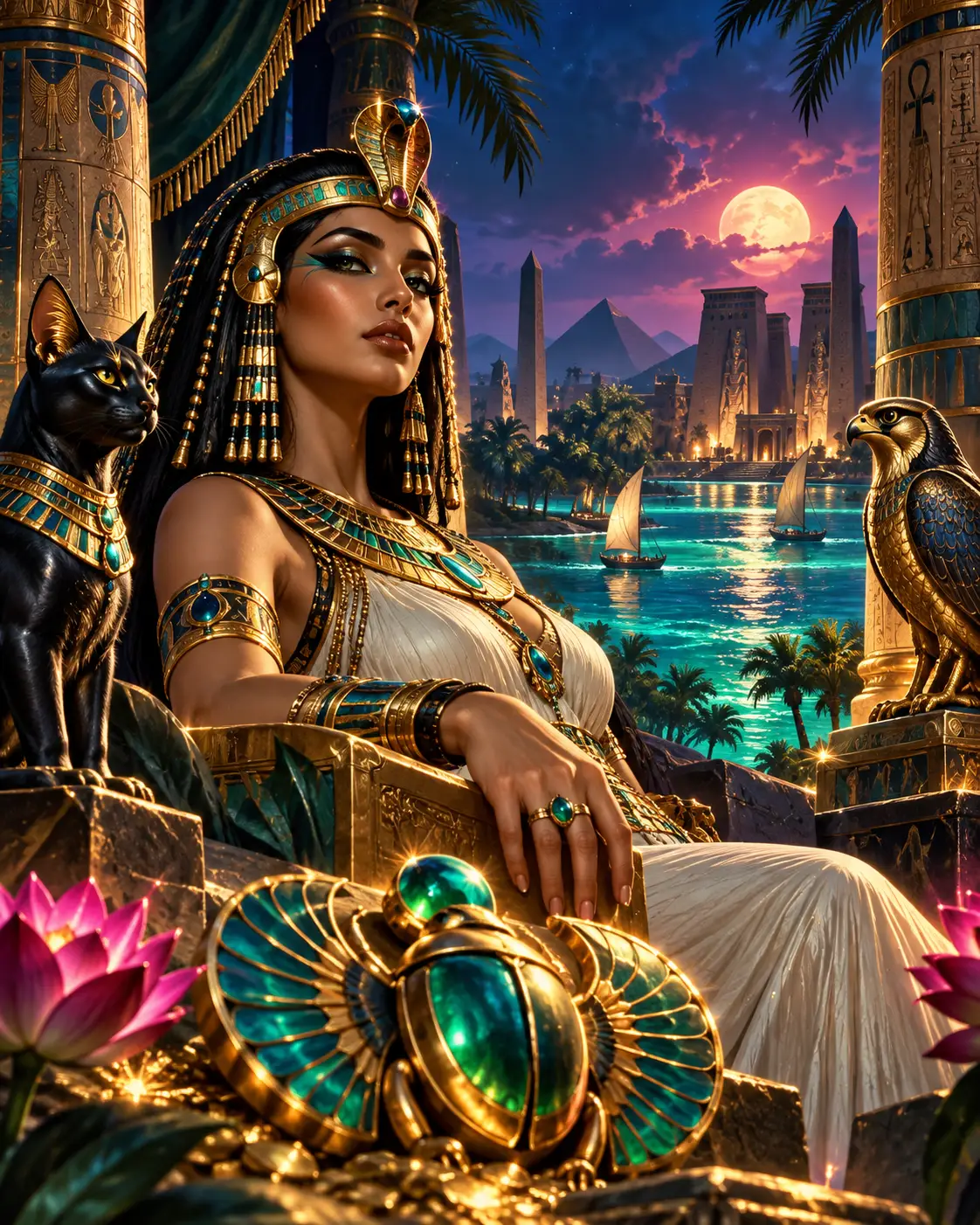 Egyptian queen beside glowing gold pokie reels in a jewel-lit temple