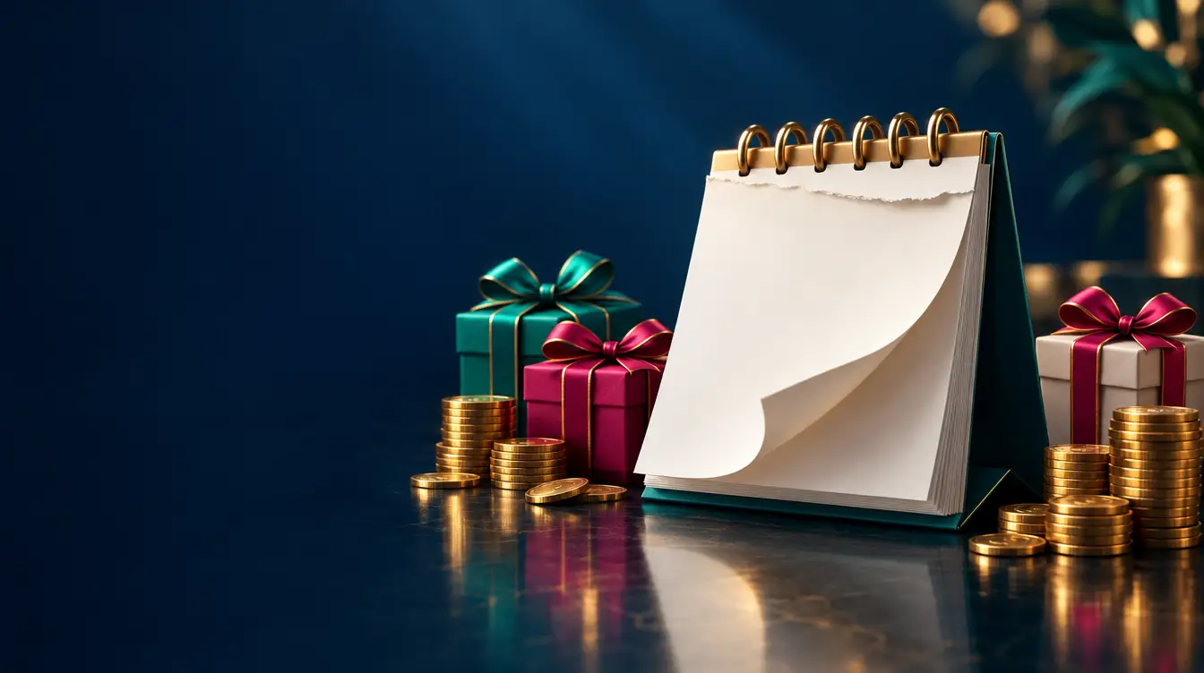 Tear-off desk calendar with blank pages beside gift boxes and stacks of gold coins