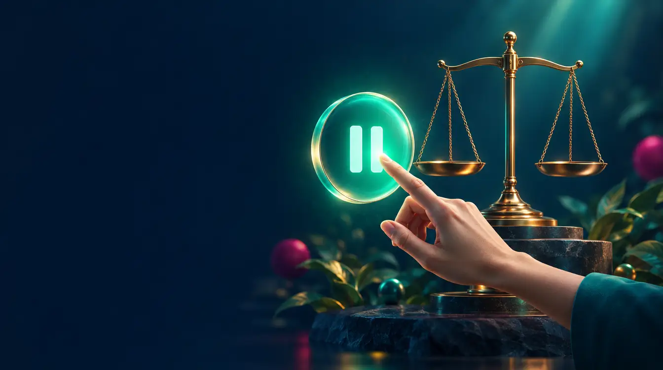 Hand pressing a glowing teal pause button beside a set of brass balance scales