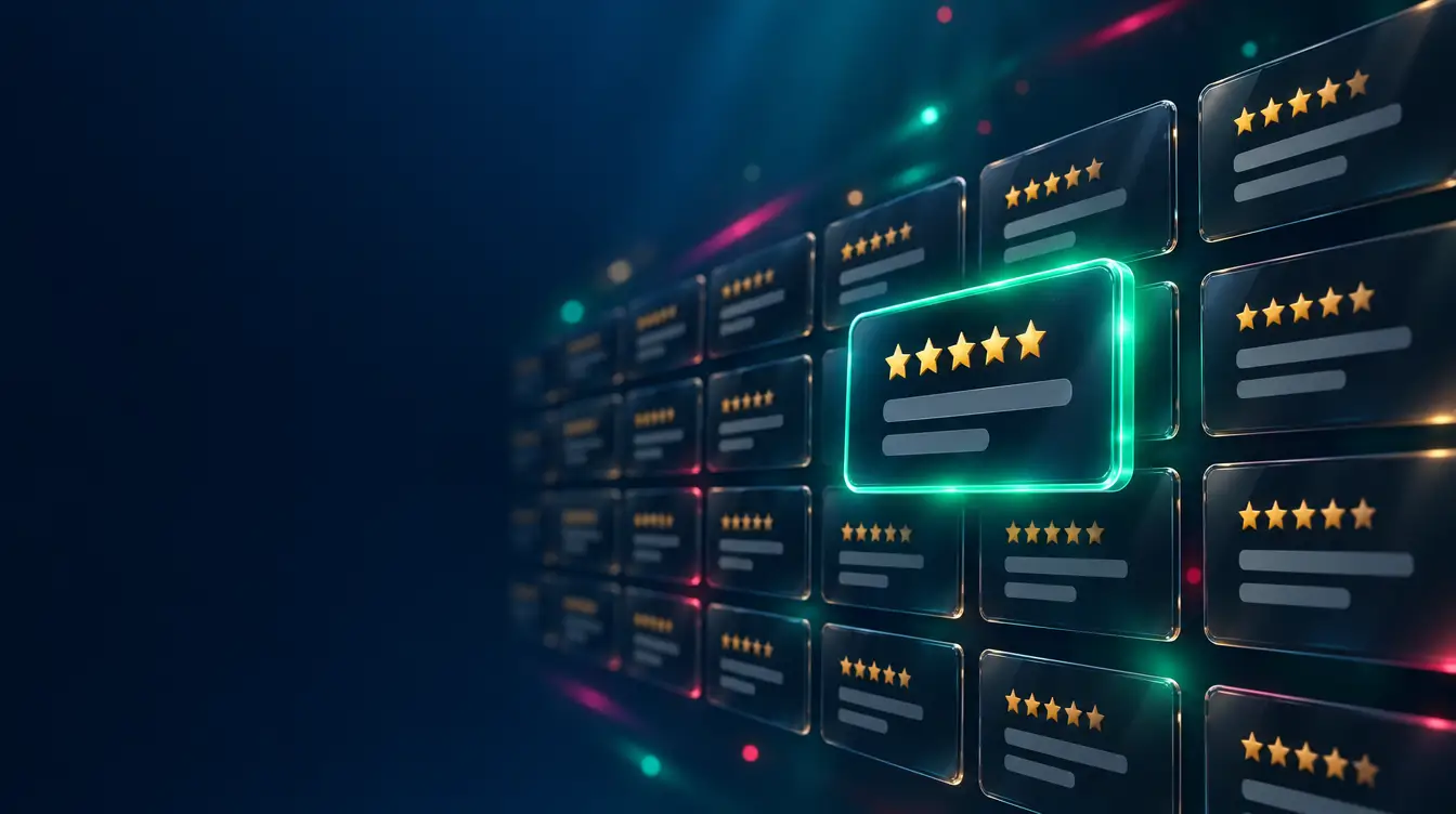 Wall of glass review cards with gold star ratings, one card highlighted with a teal glow