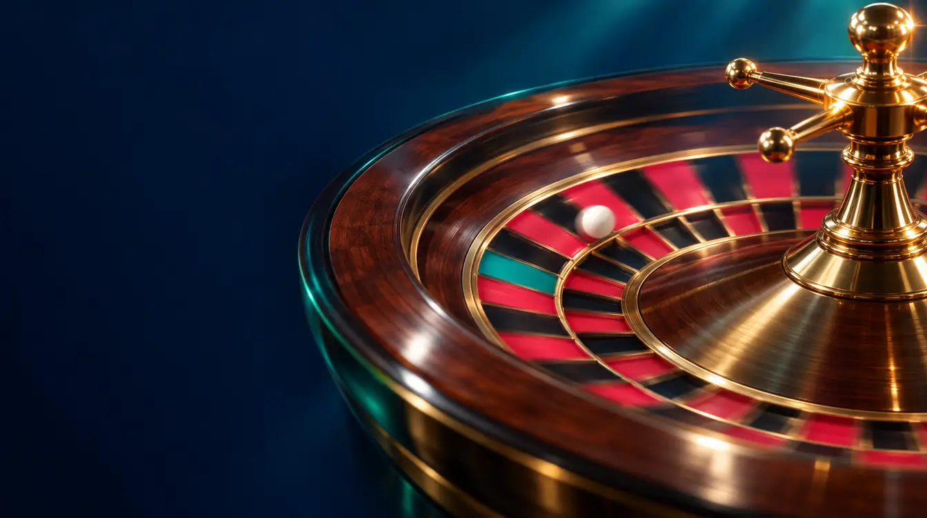 Wooden and gold roulette wheel spinning with the white ball in the red and black pockets