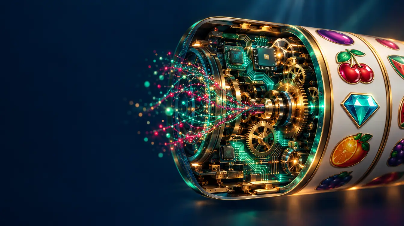 Cutaway pokie reel revealing glowing gears and circuit boards, fruit and gem symbols outside
