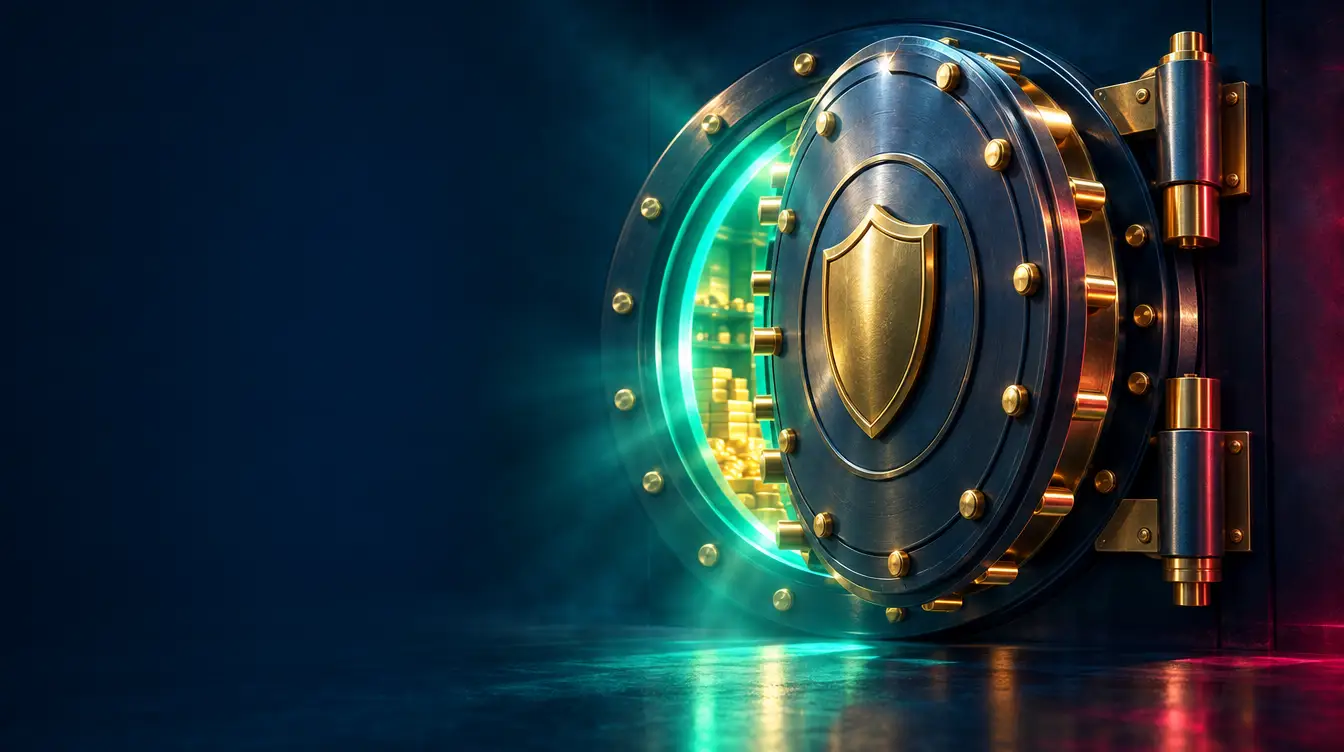 Round steel vault door slightly open with teal light and a gold shield emblem